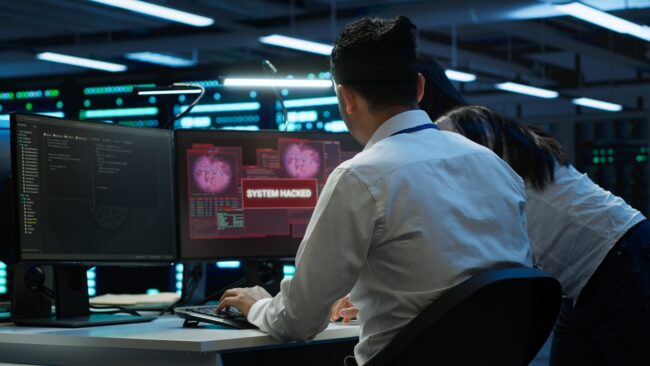 Data center cybersecurity division teamworking colleagues fighting virus