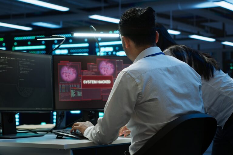 Data center cybersecurity division teamworking colleagues fighting virus