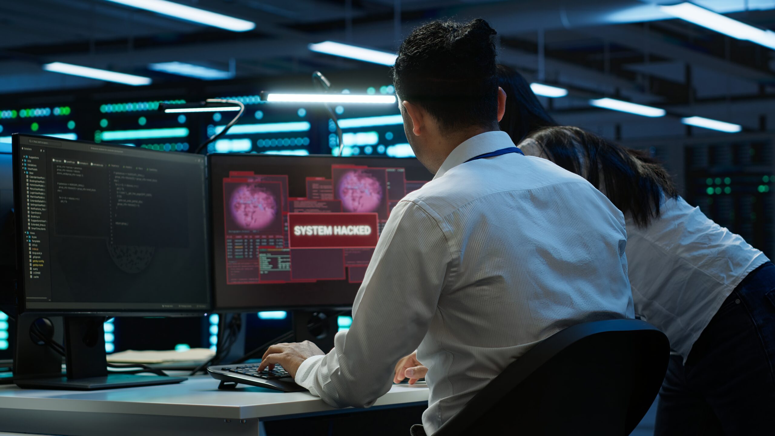 Data center cybersecurity division teamworking colleagues fighting virus